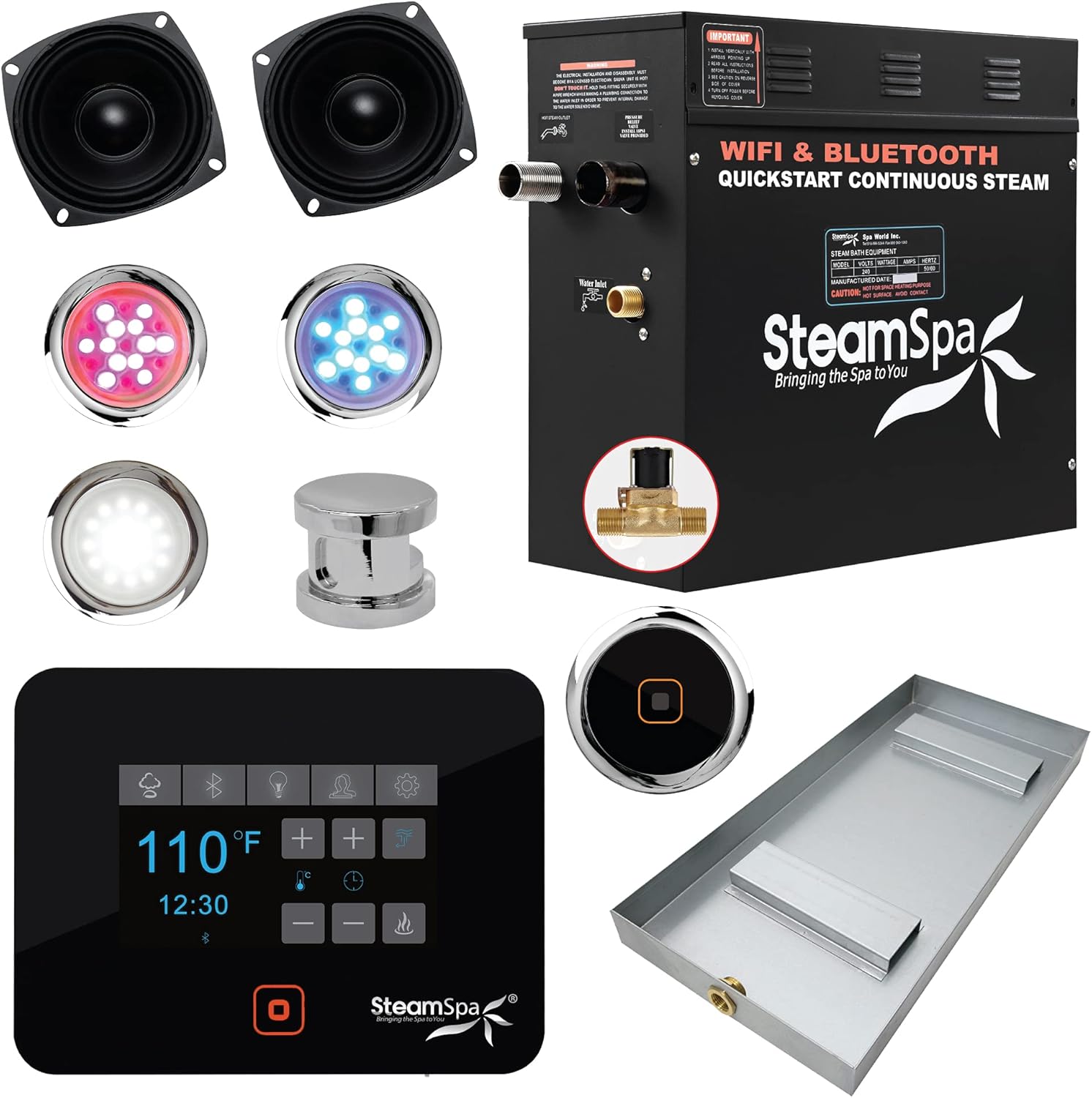 SteamSpa Raven Series Steam Shower Generator Kit – Shower Head & Self-Drain Combo with Wi-Fi & Bluetooth Control