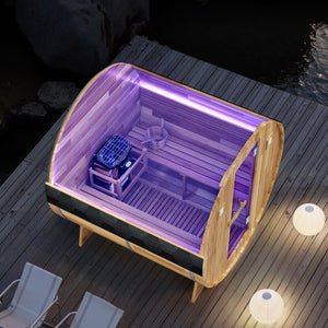 4-6-Person Outdoor Barrel Wet Sauna in White Cedar with ETL-Certified 6.2kW Sauna Rock Heater, and Bitumen Shingle Roof