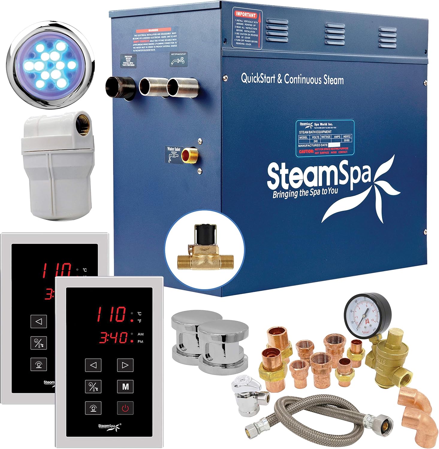 SteamSpa Executive Bundle 240V Steam Sauna Generator – Touch Pad, Auto Drain, LED Light & Quick Install Kit