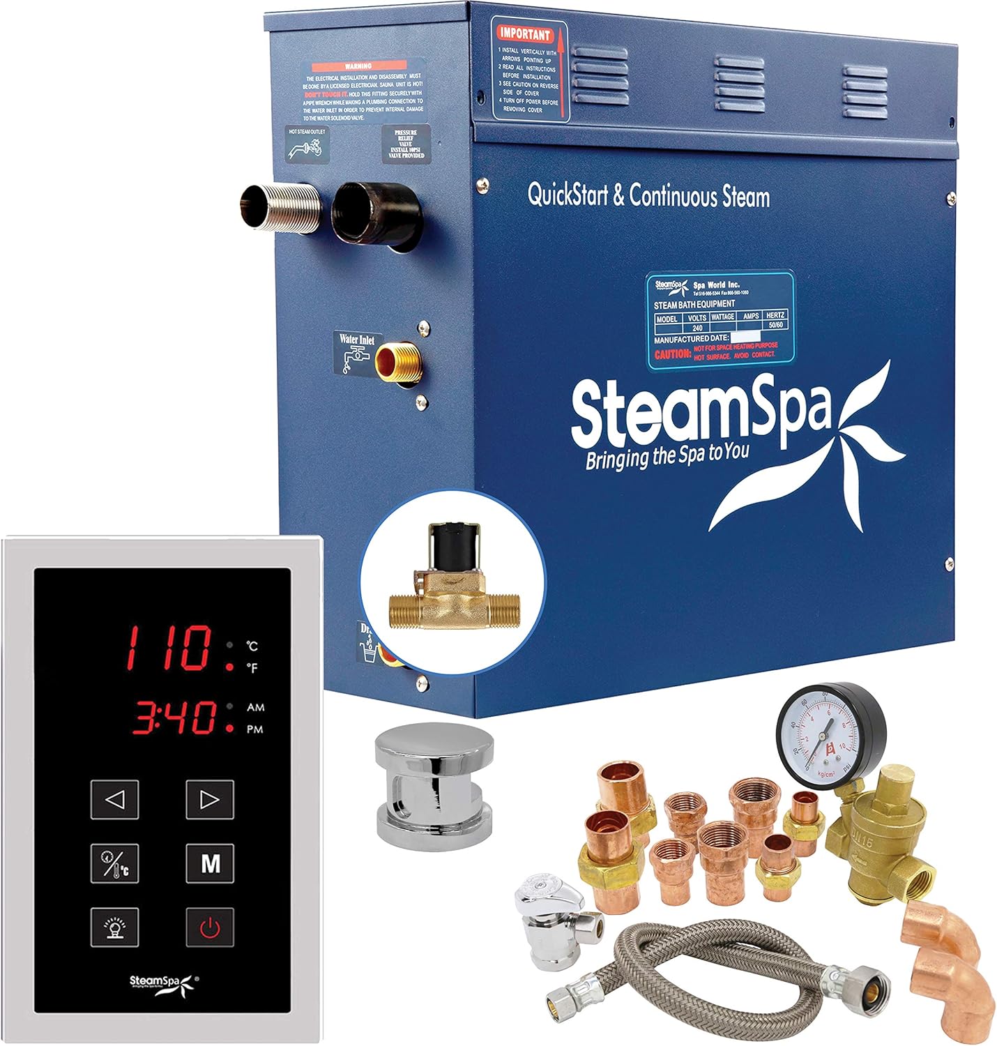 SteamSpa Premium Bundle 240V Steam Sauna Generator – Touch Pad Control, Auto Drain & Quick Install Kit