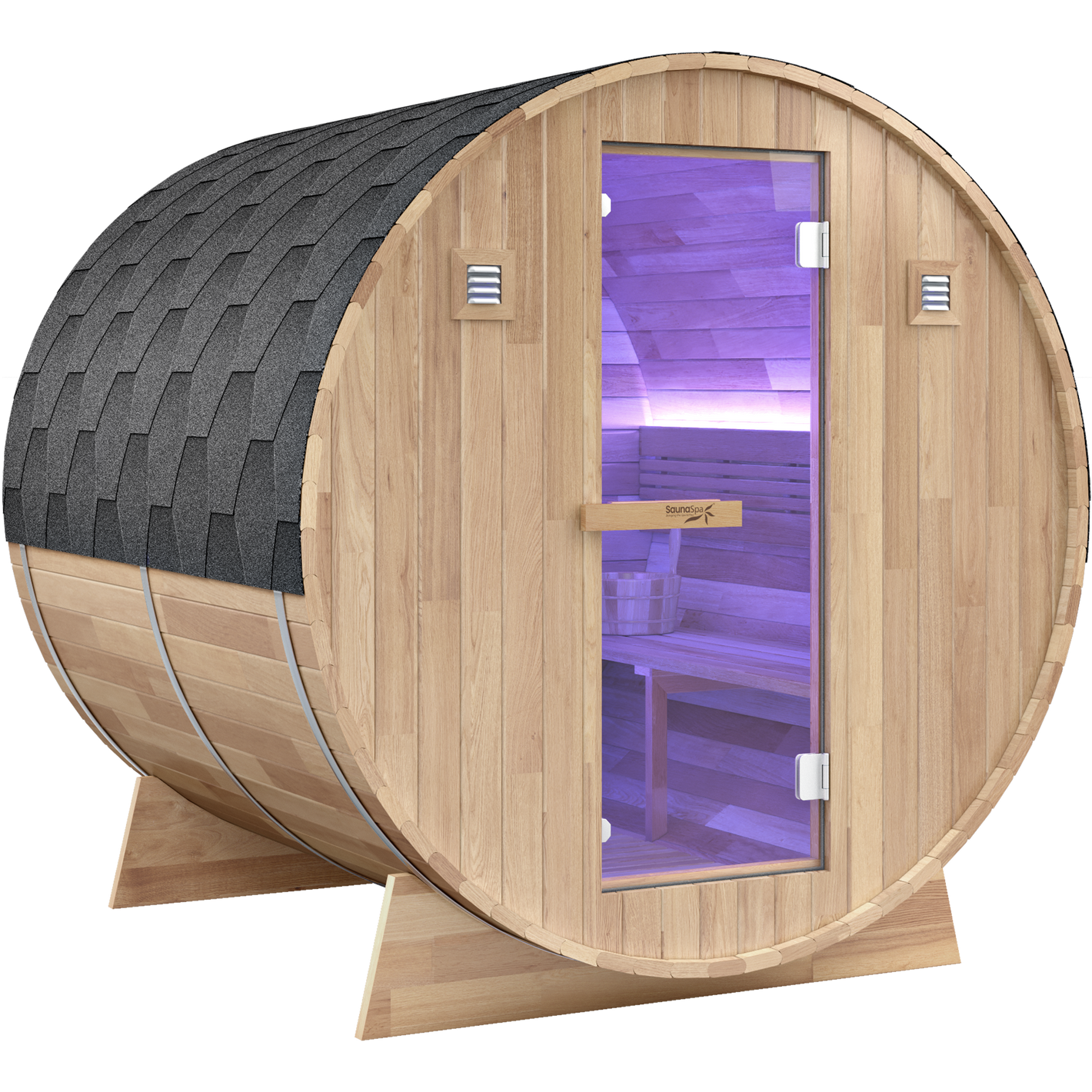 4-6-Person Outdoor Barrel Wet Sauna in White Cedar with ETL-Certified 6.2kW Sauna Rock Heater, and Bitumen Shingle Roof