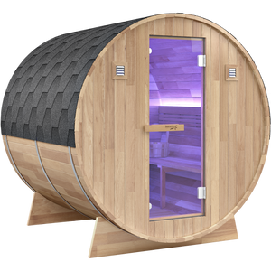 4-6-Person Outdoor Barrel Wet Sauna in White Cedar with ETL-Certified 6.2kW Sauna Rock Heater, and Bitumen Shingle Roof