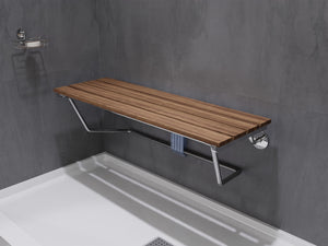 Two Person 35 in. Teak Wood Wall Mounted Folder Shower Seat in Chrome Trim