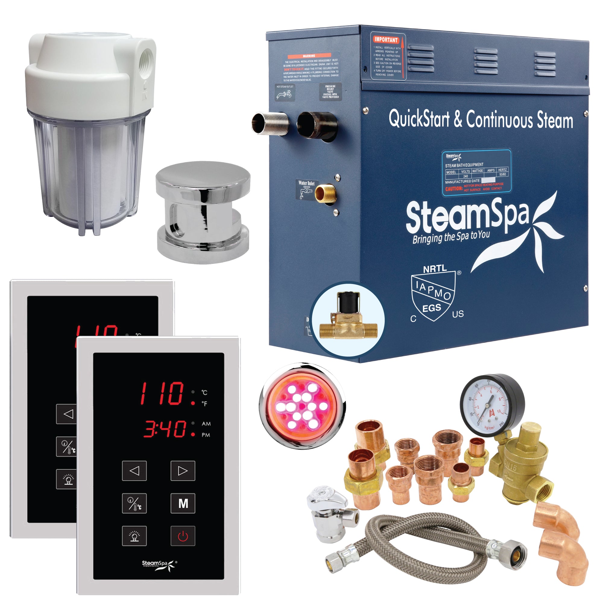 SteamSpa Executive Bundle 240V Steam Sauna Generator – Touch Pad, Auto Drain, LED Light & Quick Install Kit