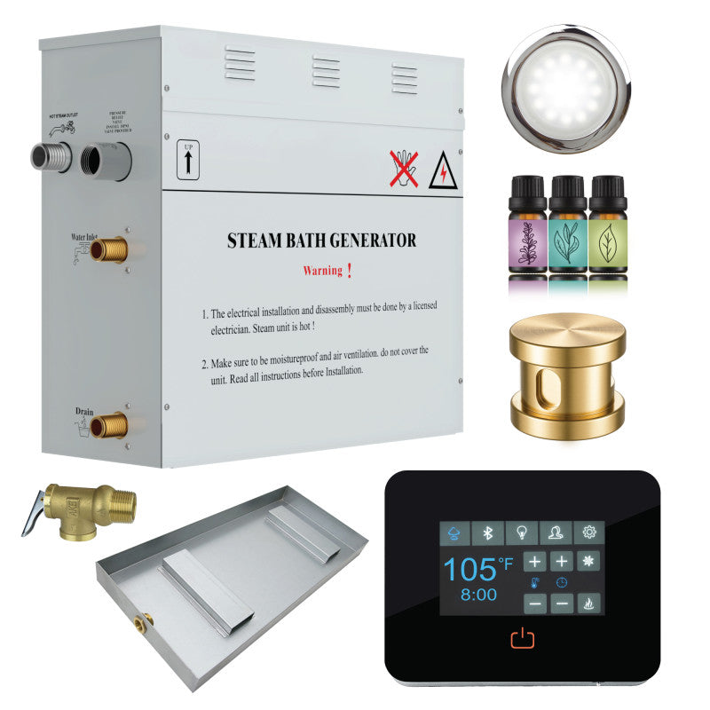 SaunaSpa Contractors Series 4.5kW Steam Bath Generator with Quickstart Continuous Steam, Black Digital Touch Pad, Built-in Auto-drain, Drain Pan, White LED light, and Aroma Steamhead in Gold Finish