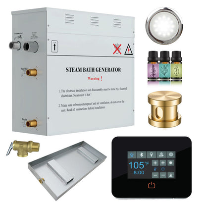 SaunaSpa Contractors Series 7.5kW Steam Bath Generator with Quickstart Continuous Steam, Black Digital Touch Pad, Built-in Auto-drain, Drain Pan, White LED light, and Aroma Steamhead in Gold Finish