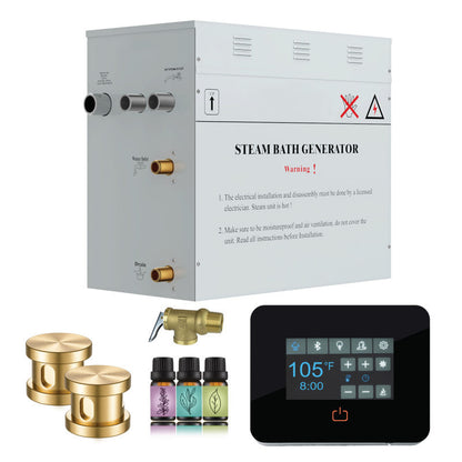 SteamSpa Builders Series 10.5kW Steam Bath Generator with Quickstart Continuous Steam, Black Digital Touch Pad, Built-in Auto-drain, and Aroma Steamhead in Gold Finish