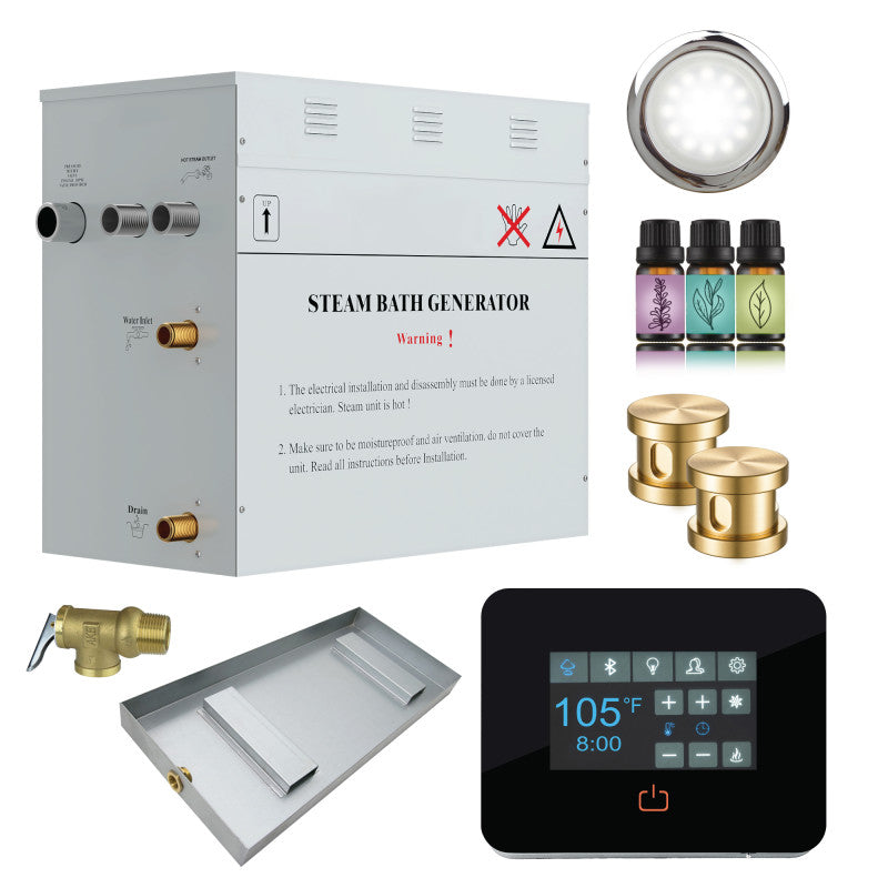 SaunaSpa Contractors Series 10.5kW Steam Bath Generator with Quickstart Continuous Steam, Black Digital Touch Pad, Built-in Auto-drain, Drain Pan, White LED light, and Aroma Steamhead in Gold Finish