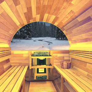 4-6 Person Outdoor Barrel Sauna in Cedar with ETL-Certified 6.2kW Rock Heater, Panoramic View, and Non-Curved Design
