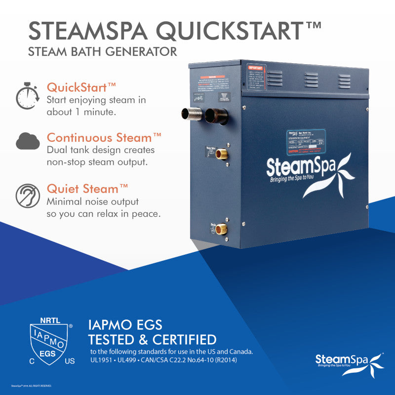 SSDR-D-900 - SteamSpa 9kW QuickStart Steam Bath Generator with Dual Tank Continuous Steam Output Design and Quiet Quick Start Technology