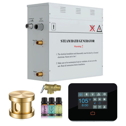 SteamSpa Builders Series 4.5kW Steam Bath Generator with Quickstart Continuous Steam, Black Digital Touch Pad, Built-in Auto-drain, and Aroma Steamhead in Gold Finish